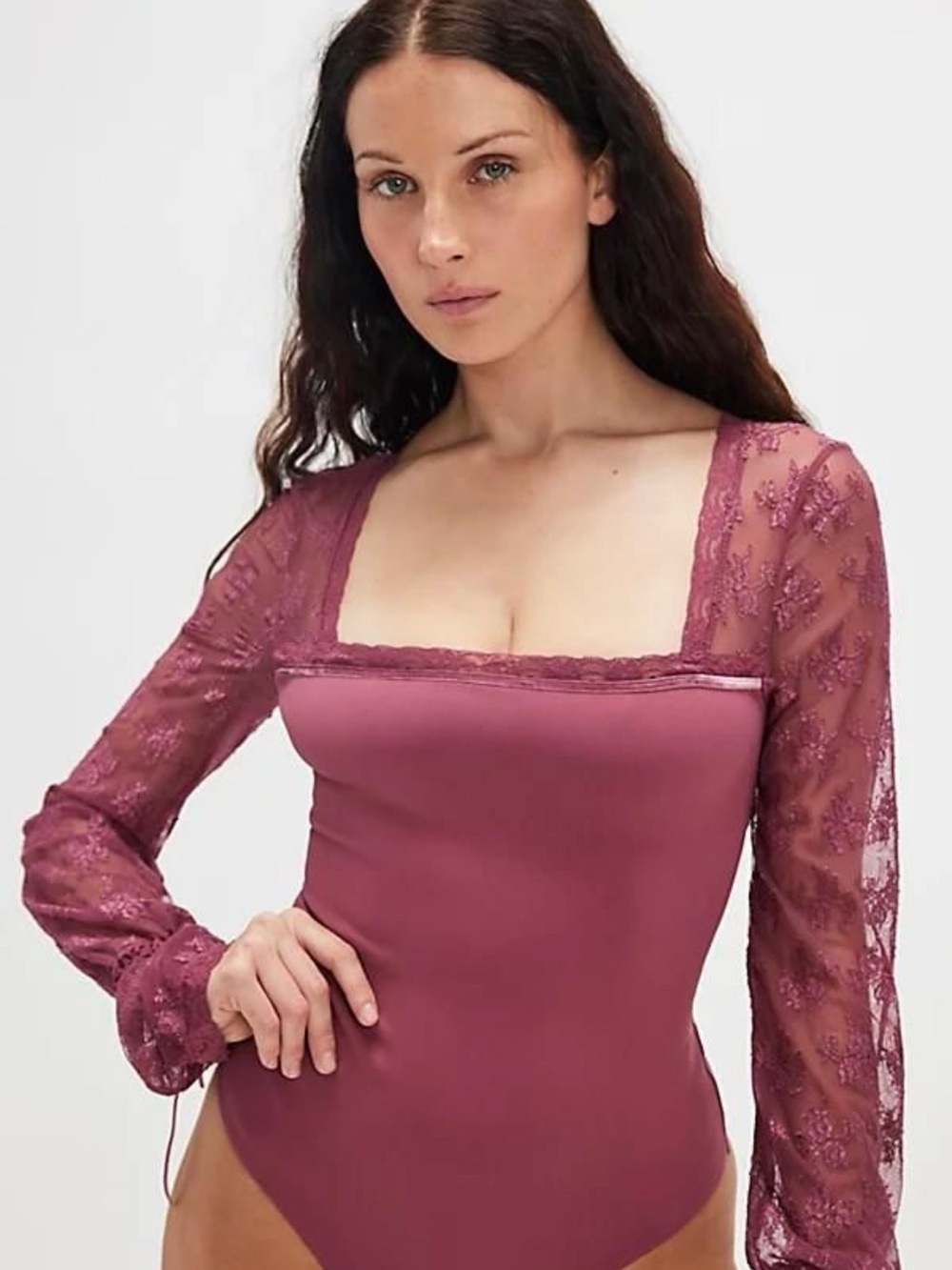 Free People Lace-Sleeve Square Neck Bodysuit - Dusty Rose